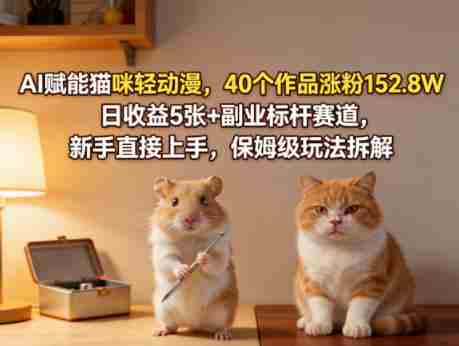 AI赋能猫咪轻动漫，40个作品涨粉152.8W，日收益5张+副业标杆赛道，新手直接上手，保姆级玩法拆解