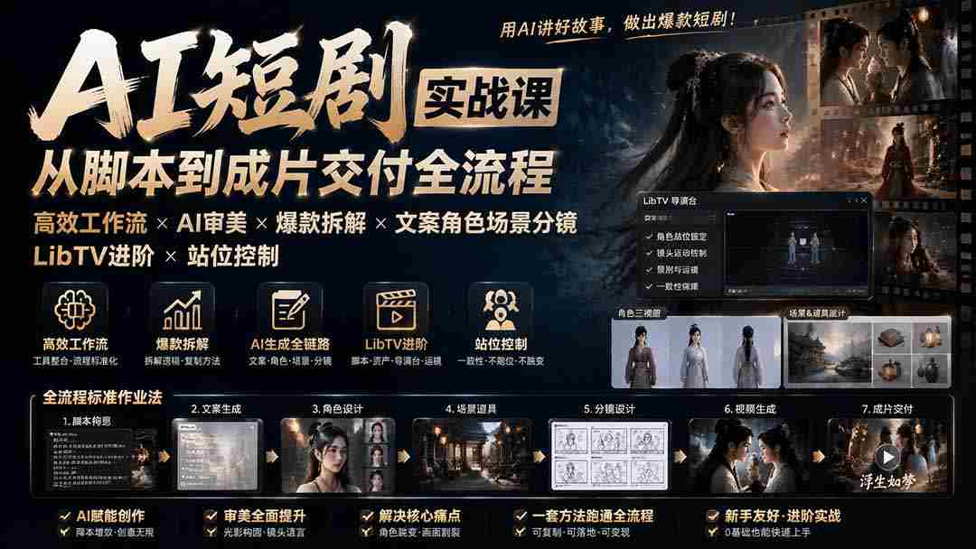 AI短剧实战课：高效工作流×AI审美×爆款拆解×文案角色场景分镜×LibTV进阶×站位控制×从脚本到成片交付全流程