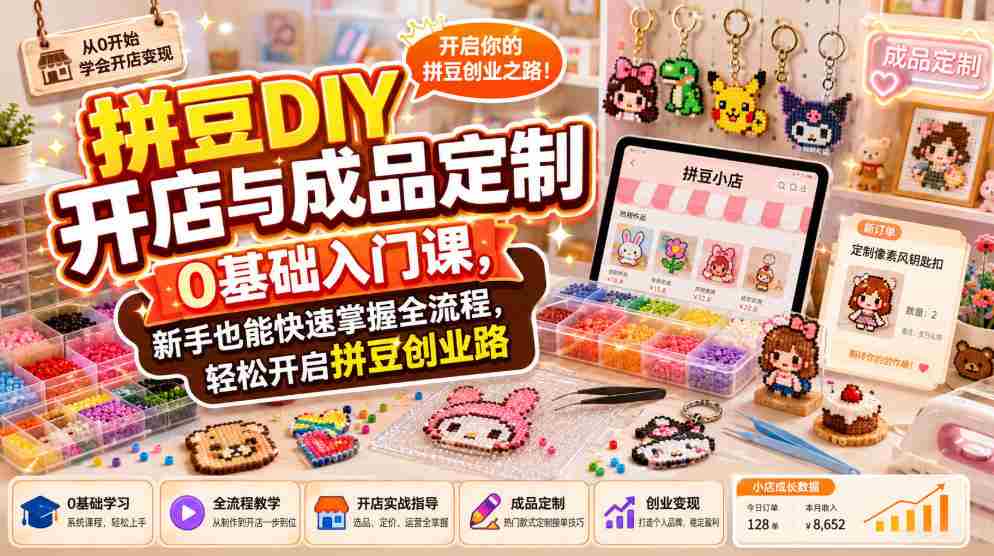 拼豆DIY开店与成品定制0基础入门课，新手也能快速掌握全流程，轻松开启拼豆创业路