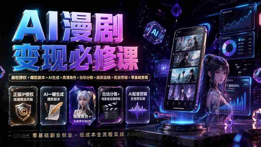 AI漫剧变现必修课：版权授权×爆款剧本×AI生成×高清角色×自动分镜×高级运镜×配音剪辑×零基础变现