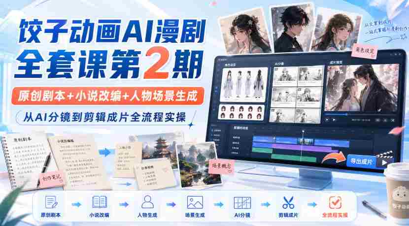 饺子动画AI漫剧全套课第2期：原创剧本+小说改编+人物场景生成，从AI分镜到剪辑成片全流程实操