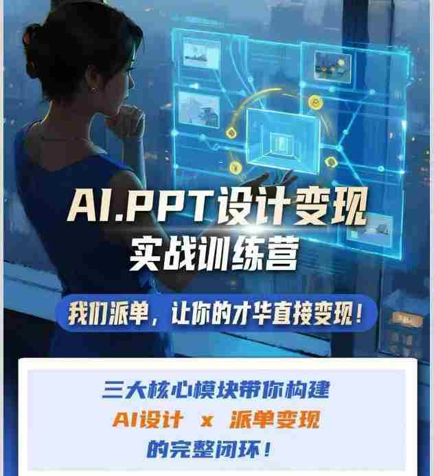 AI+PPT设计变现实战训练营，我们派单，让你的才华直接变现，三大核心模块带你构建Al设计x派单变现的完整闭环