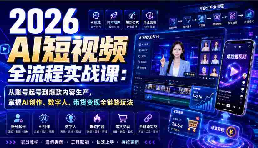 2026 AI短视频全流程实战课：从账号起号到爆款内容生产，掌握AI创作、数字人、带货变现全链路玩法