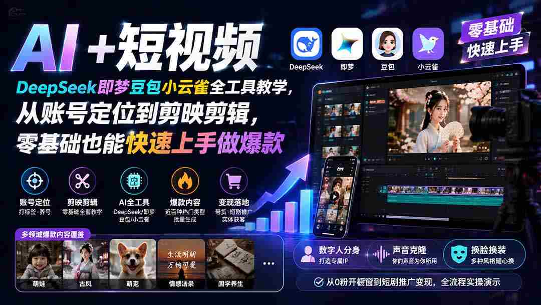 AI+短视频｜DeepSeek即梦豆包小云雀全工具教学，从账号定位到剪映剪辑，零基础也能快速上手做爆款