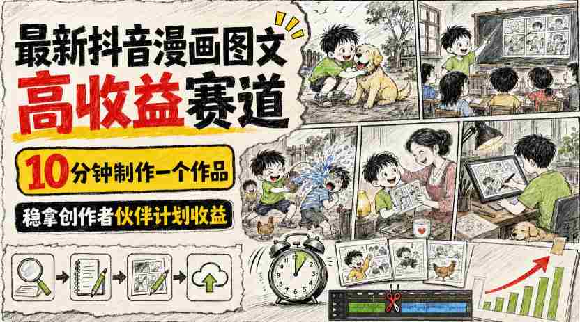 最新抖音漫画图文高收益赛道，10分钟制作一个作品，稳拿创作者伙伴计划收益