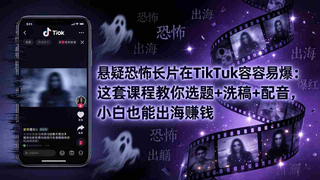 悬疑恐怖长片在TikTok最容易爆：这套课程教你选题+洗稿+配音，小白也能出海赚钱