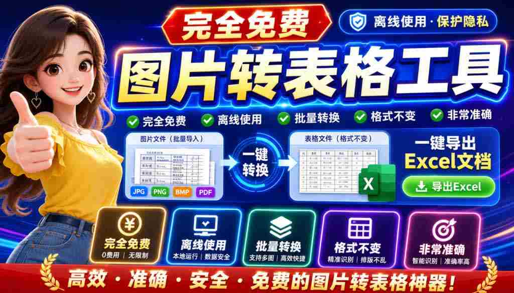 图片表格识别提取工具，支持一键从图片中智能提取表格并导出Excel文件，可离线免网运行，FastTableOCR