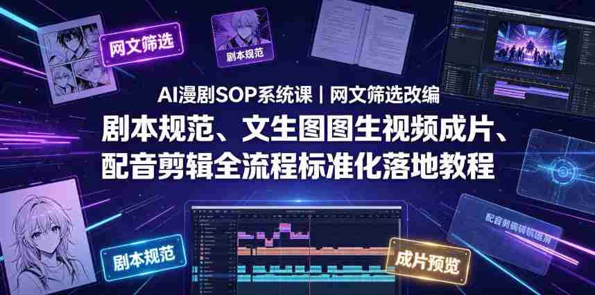 AI漫剧SOP系统课｜网文筛选改编、剧本规范、文生图图生视频成片、配音剪辑全流程标准化落地教程（更新0810）