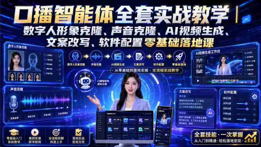 口播智能体全套实战教学｜数字人形象克隆、声音克隆、AI视频生成、文案改写、软件配置零基础落地课