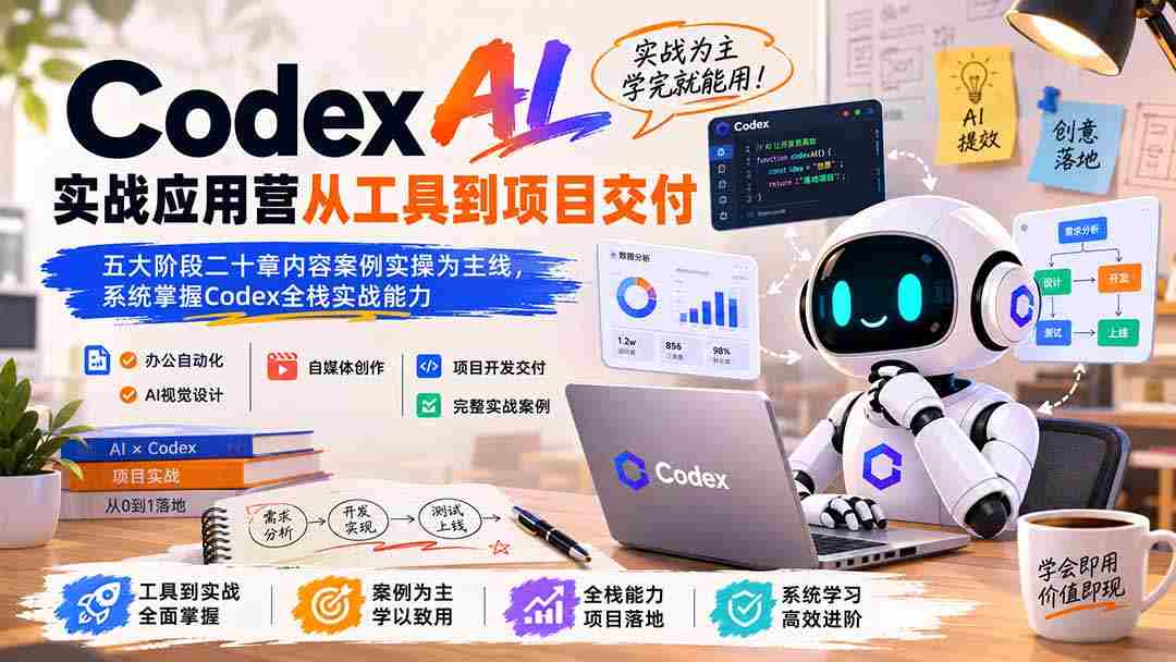 Codex AI实战应用营从工具到项目交付；五大阶段二十章内容案例实操为主线，系统掌握Codex全栈实战能力