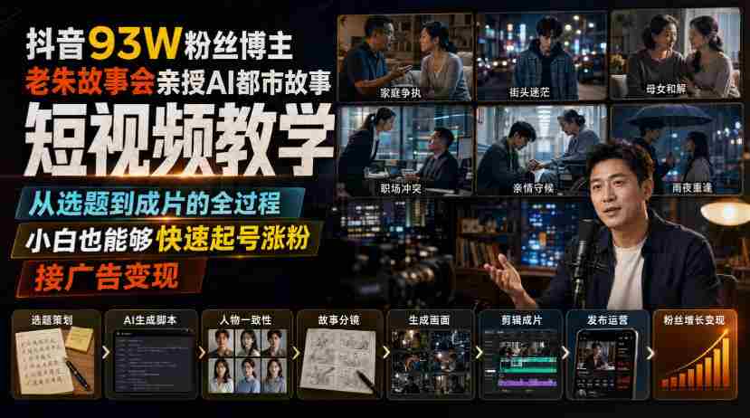 抖音93W粉丝博主老朱故事会亲授AI都市故事短视频教学，从选题到成片的全过程，小白也能够快速起号涨粉接广告变现