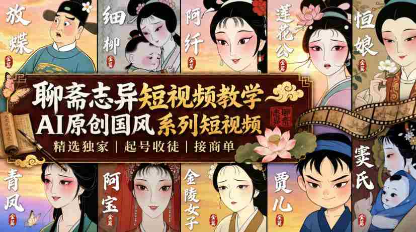 聊斋志异短视频教学，AI原创国风系列短视频，精选独家丨起号收徒丨接商单