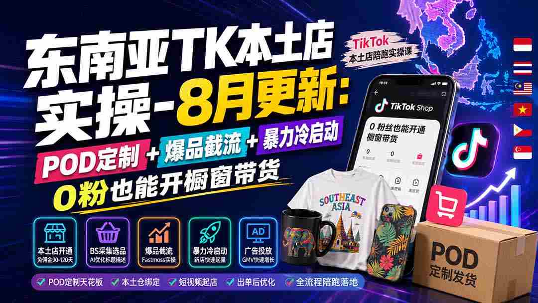 东南亚TK本土店实操-8月更新：POD定制+爆品截流+暴力冷启动，0粉也能开橱窗带货