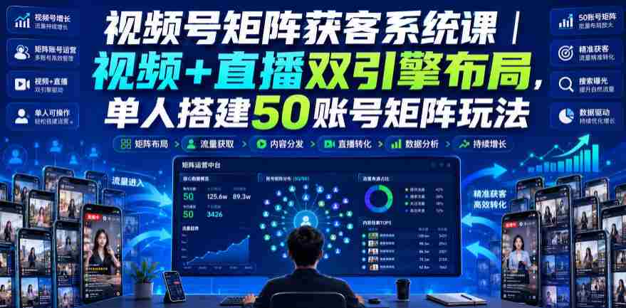 视频号矩阵获客系统课｜视频+直播双引擎布局，单人搭建50账号矩阵玩法，流量入池、搜索占位、全域引流沉淀私域全流程教学