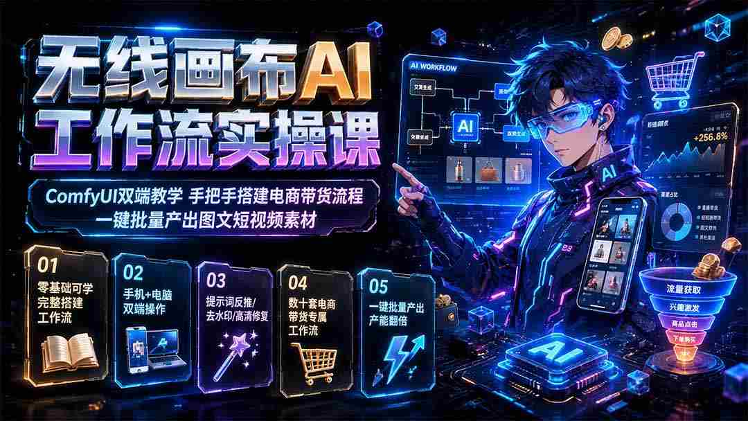 无线画布AI工作流实操课｜ComfyUI双端教学，手把手搭建电商带货流程，一键批量产出图文短视频素材