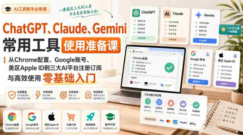 ChatGPT、Claude、Gemini常用工具使用准备课｜从Chrome配置、Google账号、美区Apple ID到三大AI平台注册订阅与高效使用零基础入门