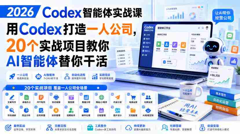 2026 Codex智能体实战课，用Codex打造一人公司，20个实战项目教你AI智能体替你干活