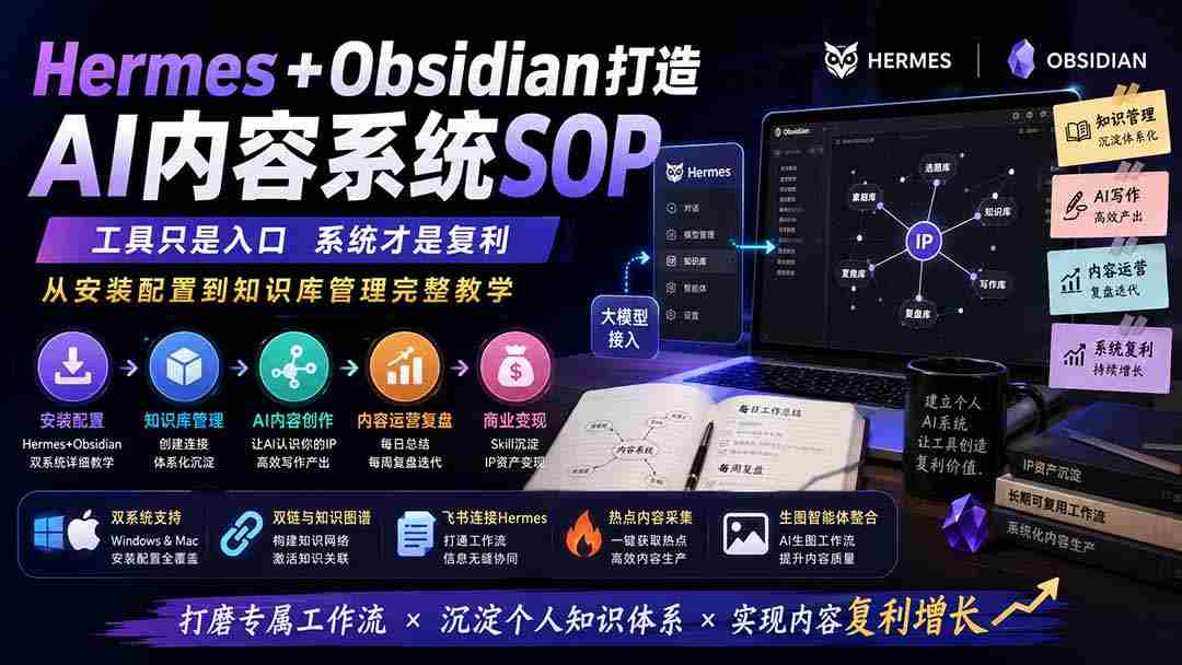 Hermes+Obsidian打造AI内容系统SOP；工具只是入口系统才是复利，从安装配置到知识库管理完整教学