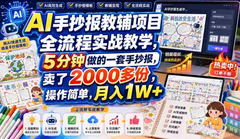 AI手抄报教辅项目全流程实战教学，5分钟做的一套手抄报，卖了2000多份，操作简单，月入1W+
