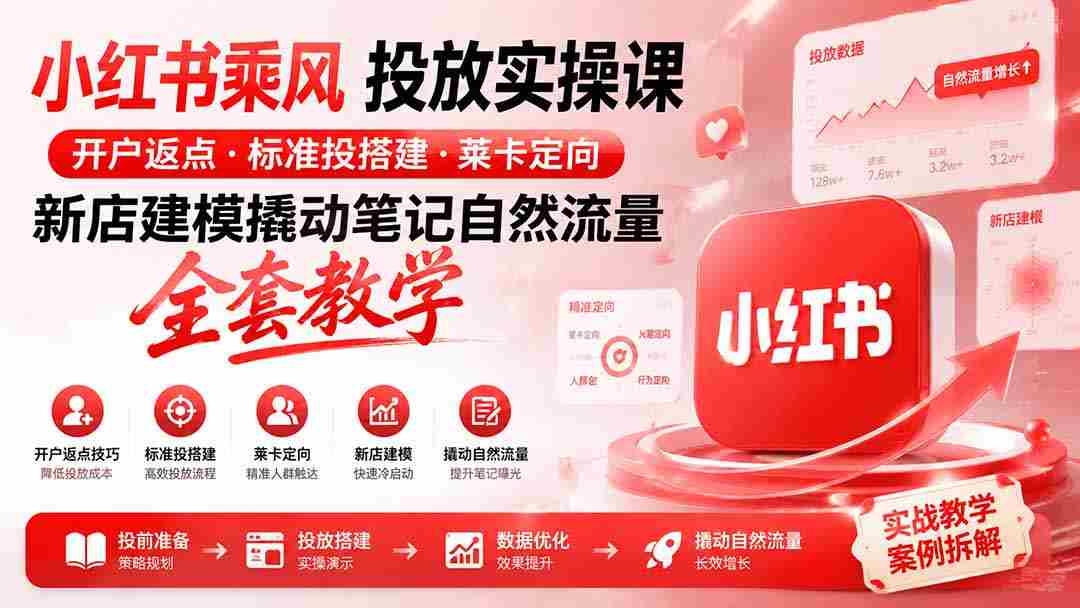小红书乘风投放-100分钟实操课｜开户返点·标准投搭建·莱卡定向，新店建模撬动笔记自然流量全套教学