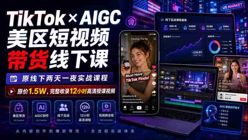TikTok×AIGC美区短视频带货线下课，原线下两天一夜实战课程，原价1.5W，完整收录12小时高清授课视频