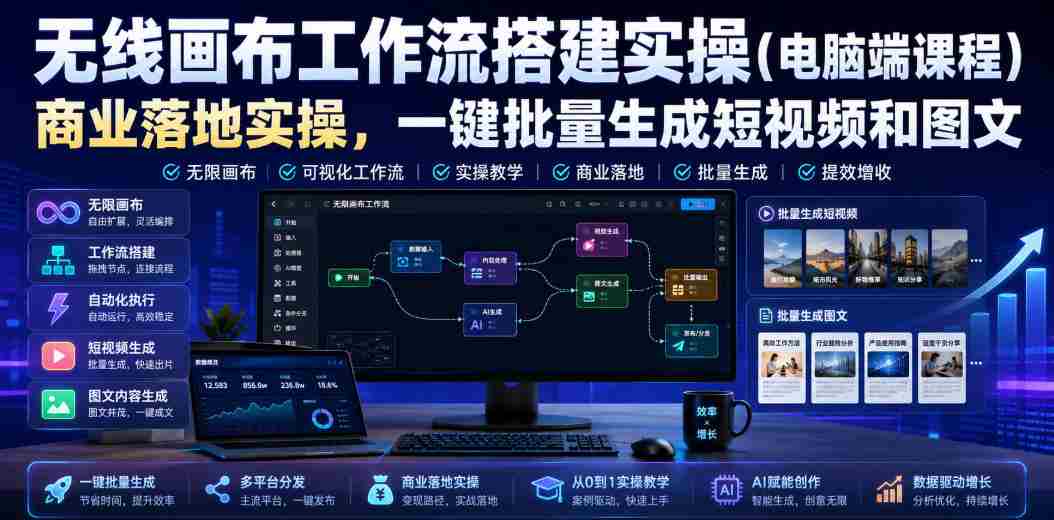 无线画布工作流搭建实操（电脑端课程），商业落地实操，一键批量生成短视频和图文