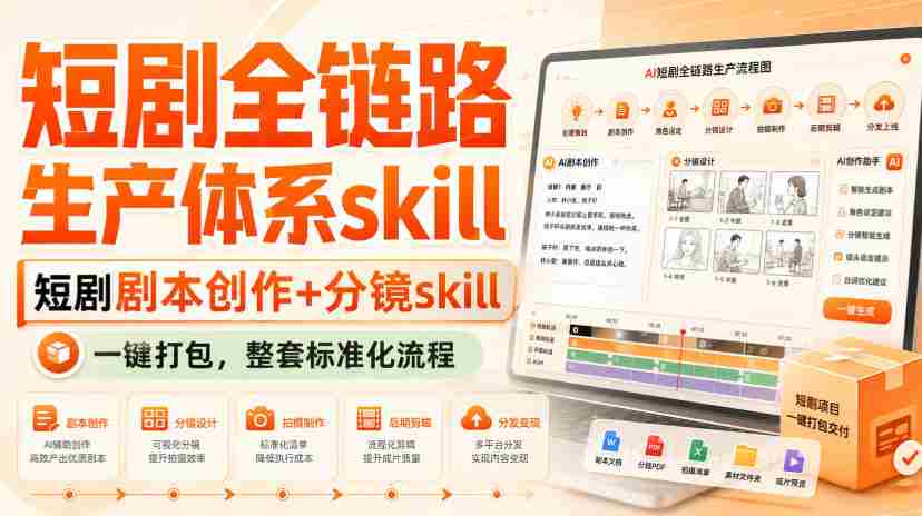 短剧全链路生产体系skill，短剧剧本创作+分镜skill，一键打包，整套标准化流程