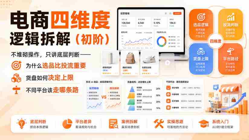 电商四维度逻辑拆解（初阶）不堆砌操作，只讲底层判断——为什么选品比投流重要、货盘如何决定上限、不同平台该走哪条路
