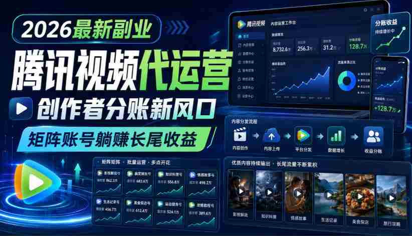 2026最新副业之腾讯视频代运营：创作者分账新风口，矩阵账号躺賺长尾收益