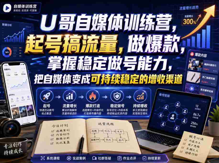 U哥自媒体训练营，起号搞流量，做爆款，掌握稳定做号能力，把自媒体变成可持续稳定的增收渠道