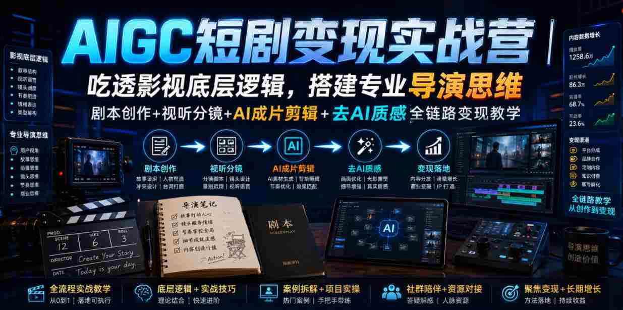 AIGC短剧变现实战营｜吃透影视底层逻辑，搭建专业导演思维，剧本创作+视听分镜+AI成片剪辑+去AI质感全链路变现教学