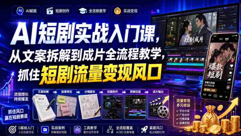 AI短剧实战入门课，从文案拆解到成片全流程教学，抓住短剧流量变现风口
