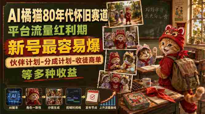 AI橘猫80年代怀旧赛道，平台流量红利期，新号最容易爆，伙伴计划-分成计划-收徒商单等多种收益