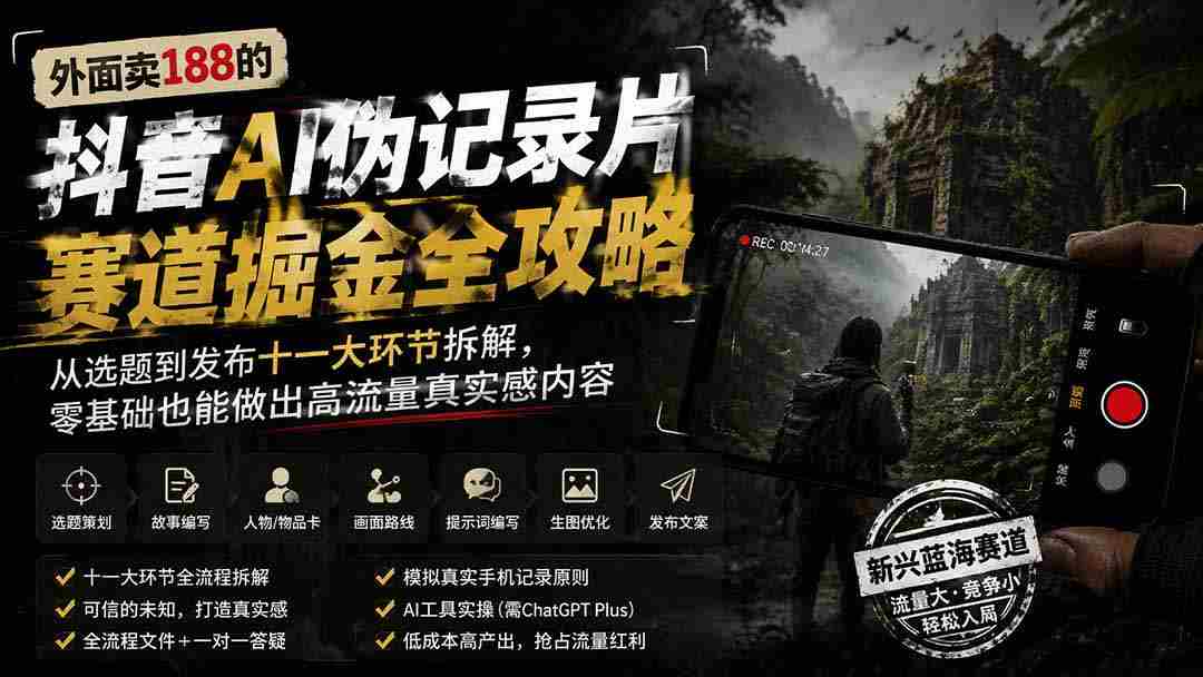 外面卖188的抖音AI伪记录片赛道掘金全攻略；从选题到发布十一大环节拆解，零基础也能做出高流量真实感内容