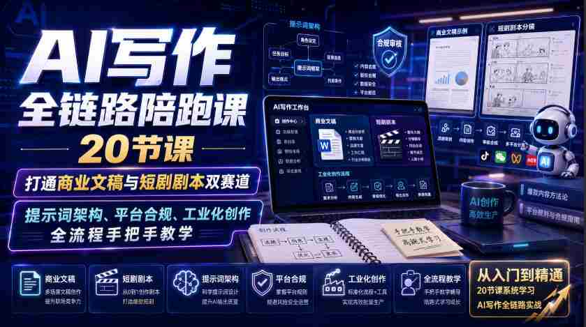 AI写作全链路陪跑课｜20节课打通商业文稿与短剧剧本双赛道，提示词架构、平台合规、工业化创作全流程手把手教学