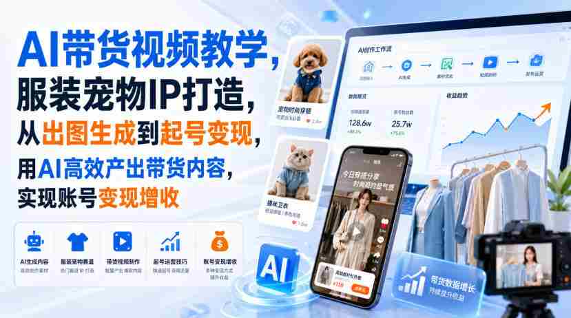 AI带货视频教学，服装宠物IP打造，从出图生成到起号变现，用AI高效产出带货内容，实现账号变现增收