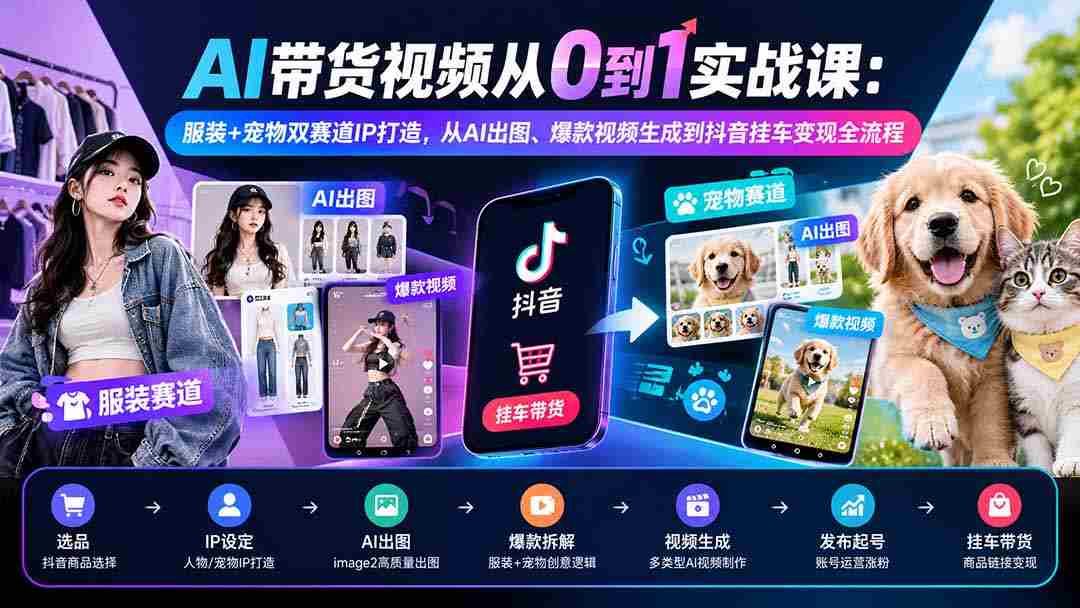AI带货视频从0到1实战课：服装+宠物双赛道IP打造，从AI出图、爆款视频生成到抖音挂车变现全流程