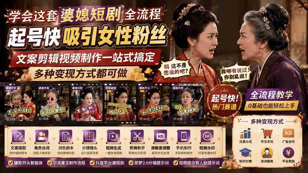 学会这套婆媳短剧全流程：起号快吸引女性粉丝，文案剪辑视频制作一站式搞定，多种变现方式都可做