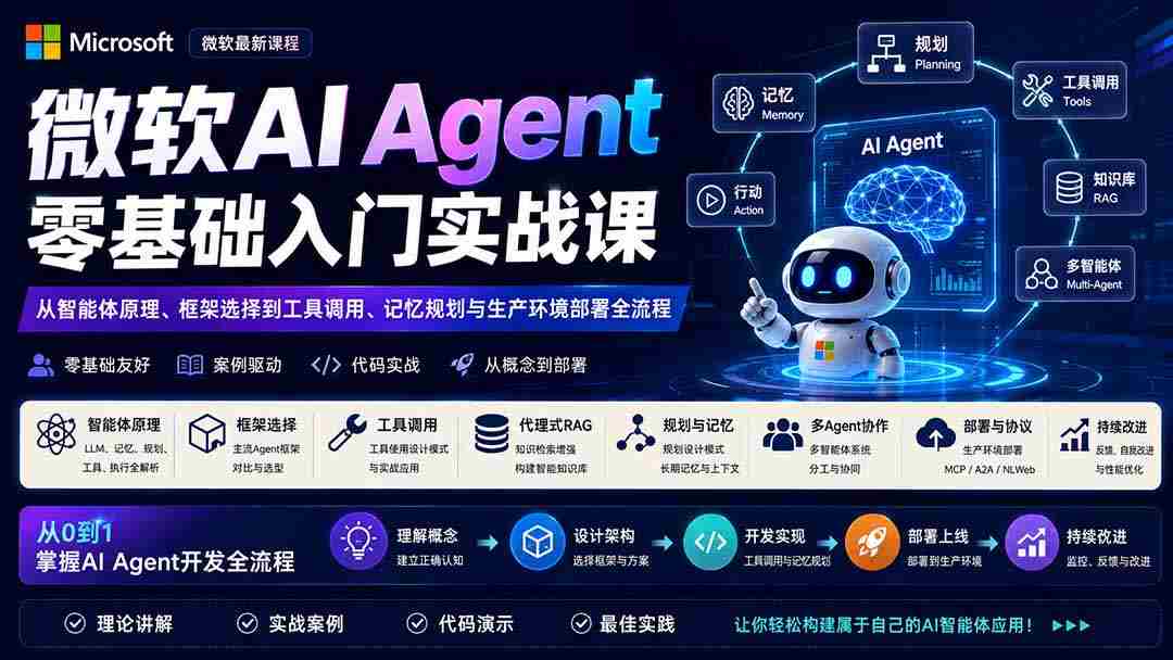 微软AI Agent零基础入门实战课：从智能体原理、框架选择到工具调用、记忆规划与生产环境部署全流程