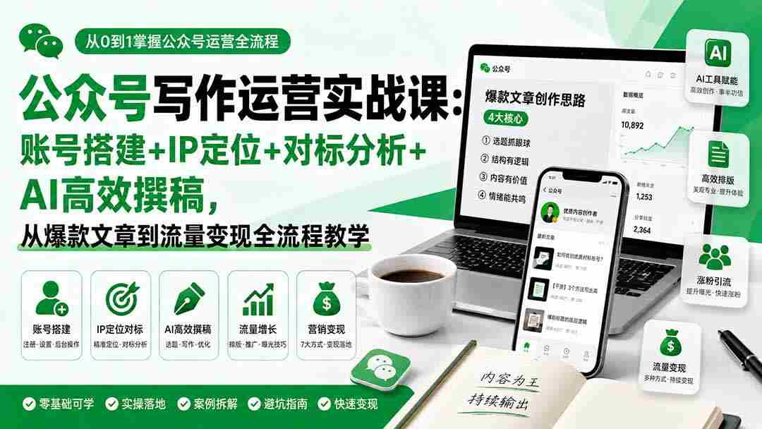 公众号写作运营实战课：账号搭建+IP定位+对标分析+AI高效撰稿，从爆款文章到流量变现全流程教学