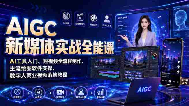AIGC新媒体实战全能课｜AI工具入门、短视频全流程制作、主流绘图软件实操、数字人商业视频落地教程