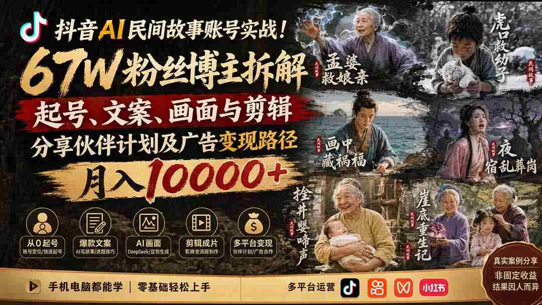 抖音AI民间故事账号实战！67W粉丝博主拆解起号、文案、画面与剪辑，分享伙伴计划及广告变现路径，月入10000+