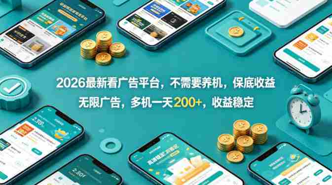 2026最新看广告平台，不需要养机，保底收益，无限广告，多机一天200+，收益稳定