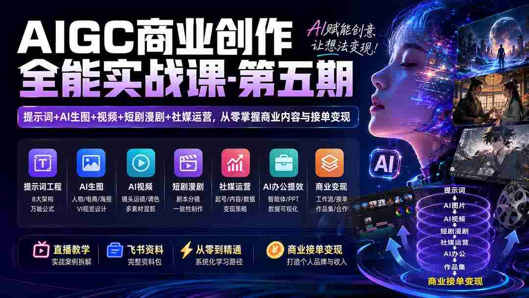 AIGC商业创作全能实战课-第五期：提示词+AI生图+视频+短剧漫剧+社媒运营，从零掌握商业内容与接单变现