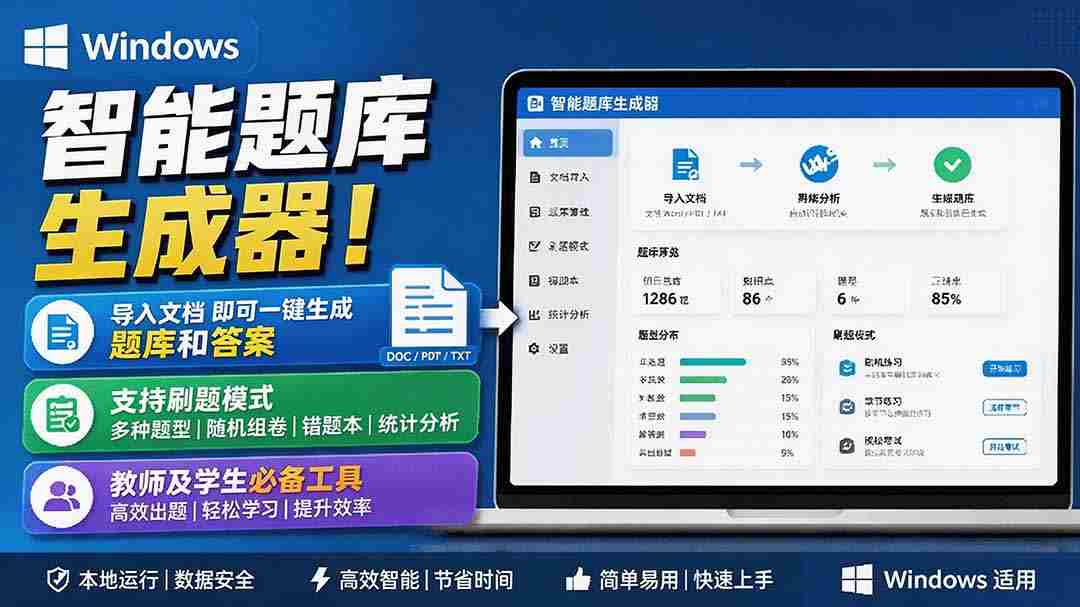 Windows 智能题库刷题软件！导入文档一键生成题库和答案，并支持刷题模式，教师及学生必备工具 原创