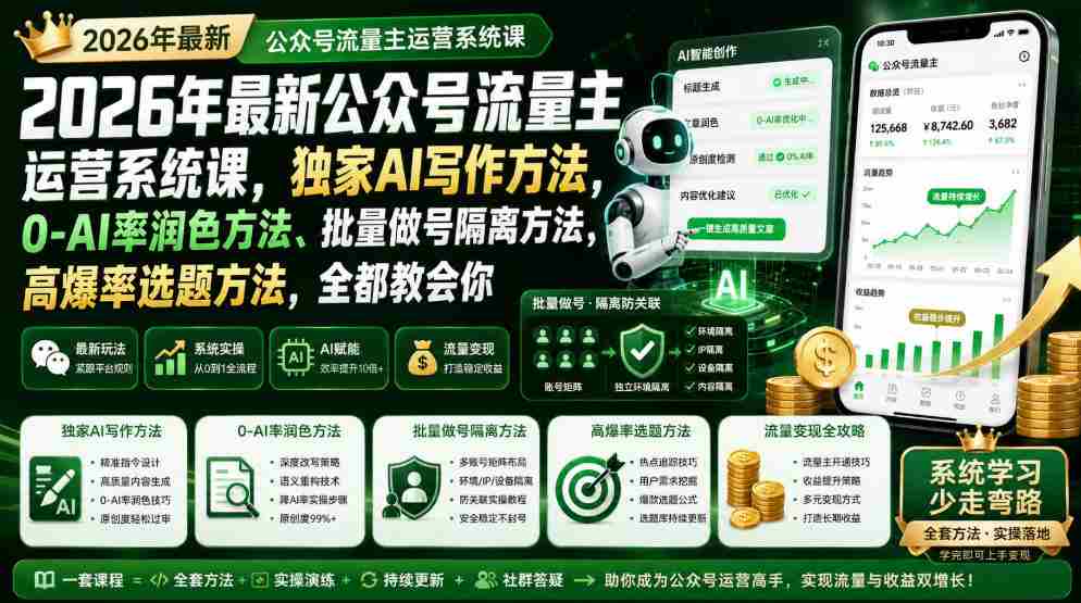 探索2026年公众号流量主高效运营秘诀，揭秘AI写作全攻略，从零到完美润色，批量账号管理技巧，热门选题策略一网打尽（全新升级至1009版）