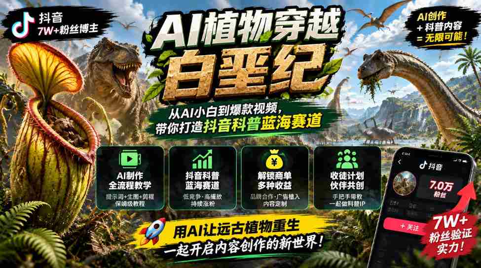 抖音达人引领AI植物穿越白垩纪之旅：科普新领域掘金，解锁多渠道盈利模式与学徒招募计划