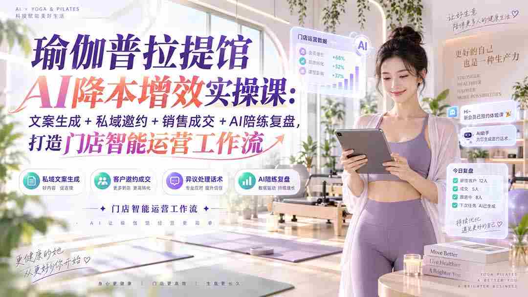 瑜伽普拉提馆AI降本增效实操课：文案生成+私域邀约+销售成交+AI陪练复盘，打造门店智能运营工作流